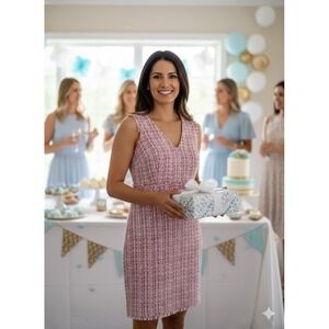 J. Crew Pink White Tweed Sleeveless V Neck Frayed Hem Sheath Dress Size 4 Preppy